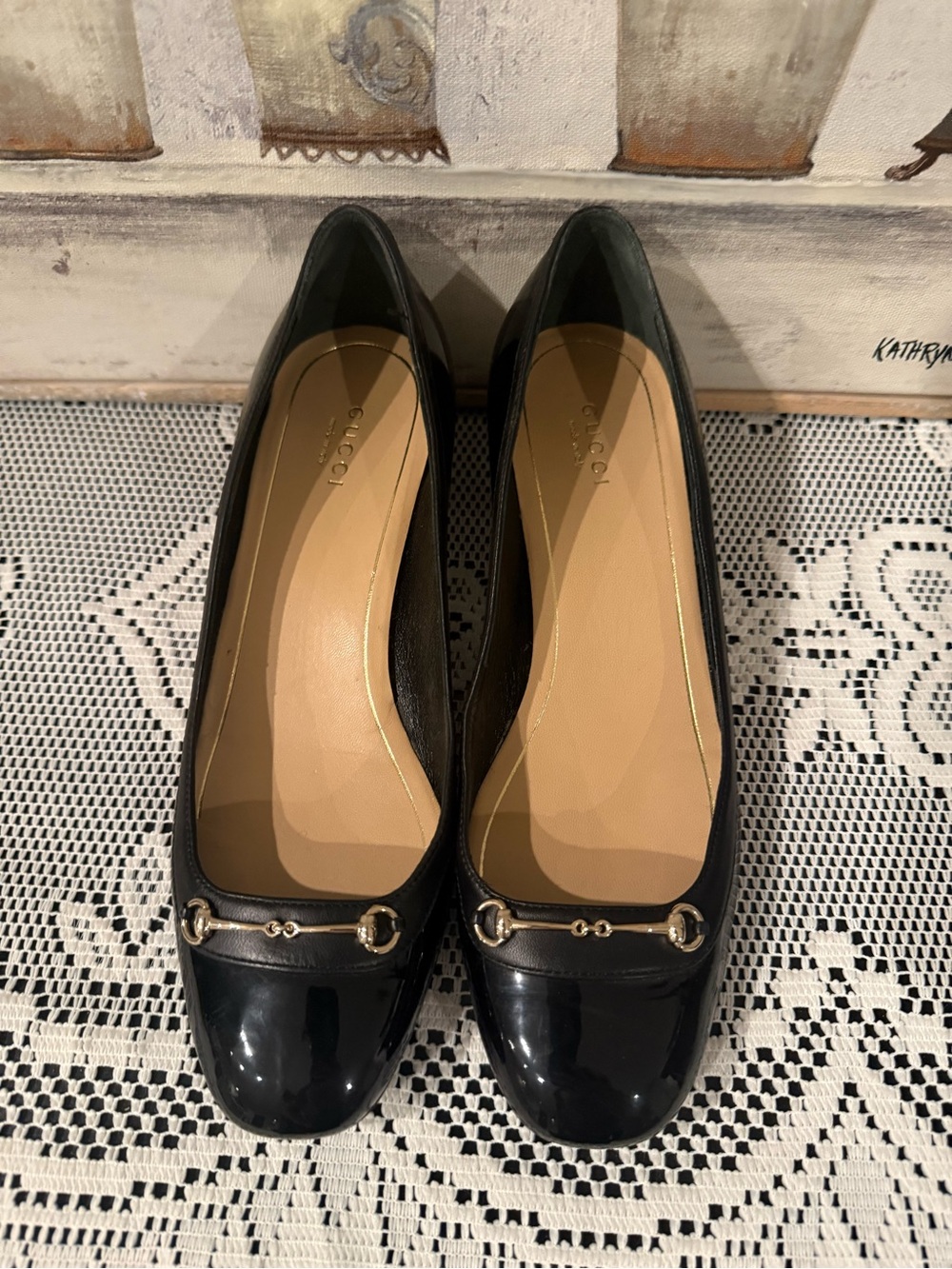 Authentic Gucci Black Patent Leather Flats with Gold Horsebit